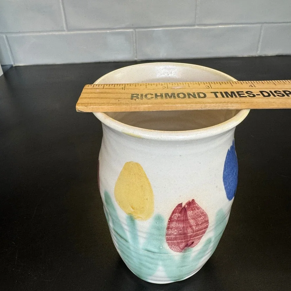Hartle Pottery Vase Home Decor Small Cream Multi Color Hand Painted Tulips